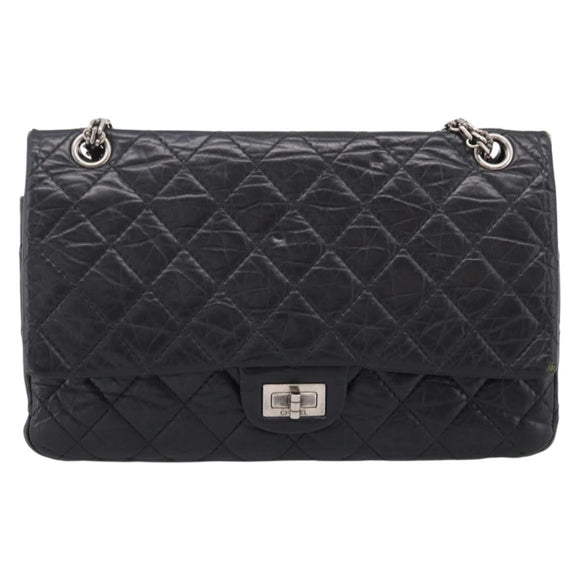 CHANEL Chain Matelasse 2.55 Shoulder Bag Leather Black Silver CC Auth BA15933A