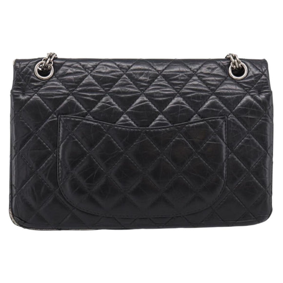 CHANEL Chain Matelasse 2.55 Shoulder Bag Leather Black Silver CC Auth BA15933A