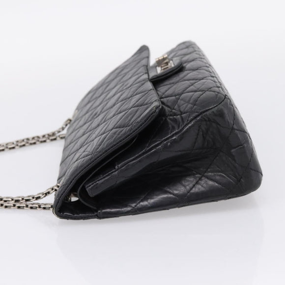 CHANEL Chain Matelasse 2.55 Shoulder Bag Leather Black Silver CC Auth BA15933A