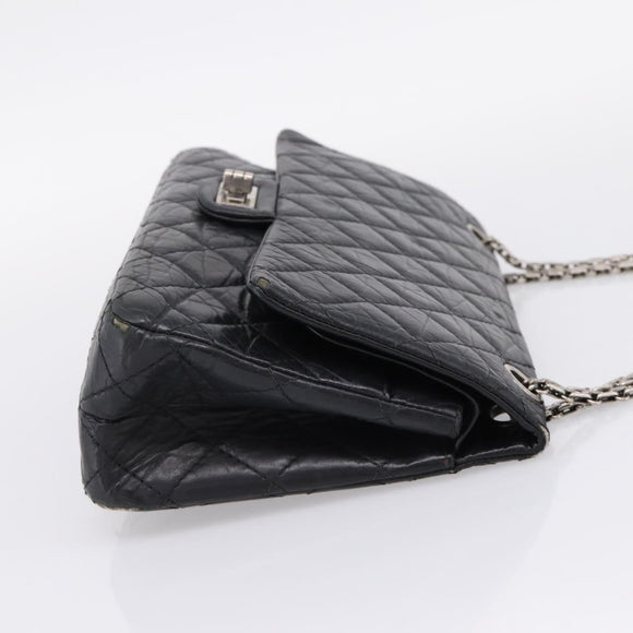 CHANEL Chain Matelasse 2.55 Shoulder Bag Leather Black Silver CC Auth BA15933A