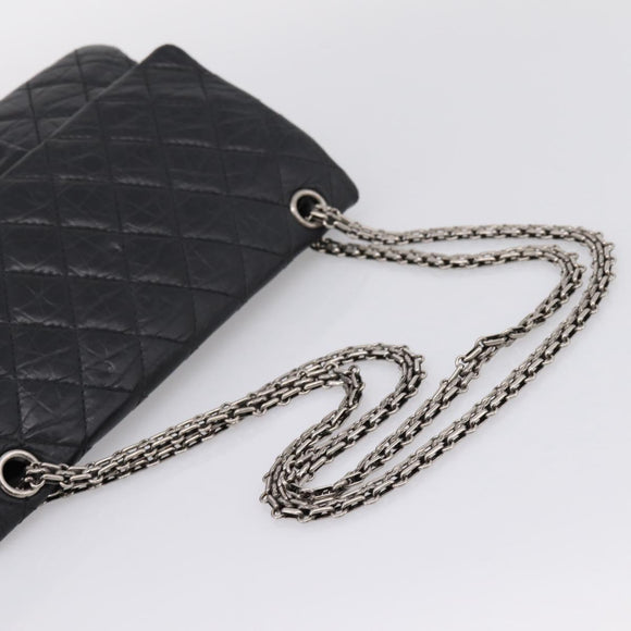 CHANEL Chain Matelasse 2.55 Shoulder Bag Leather Black Silver CC Auth BA15933A
