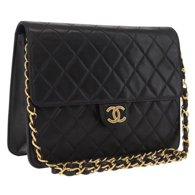 CHANEL Matelasse Chain Shoulder Bag Lamb Skin Black Gold CC Auth BA15934M