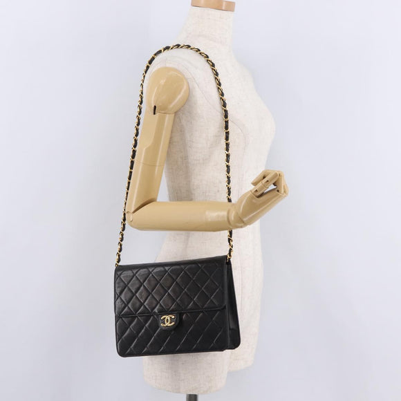 CHANEL Matelasse Chain Shoulder Bag Lamb Skin Black Gold CC Auth BA15934M