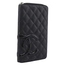 CHANEL Matelasse Cambon Line Long Wallet Leather Black Silver CC Auth BA15935A-1
