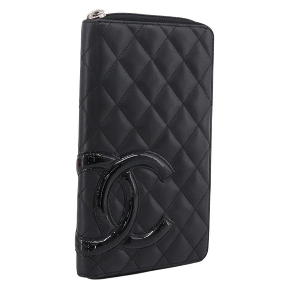 CHANEL Matelasse Cambon Line Long Wallet Leather Black Silver CC Auth BA15935A