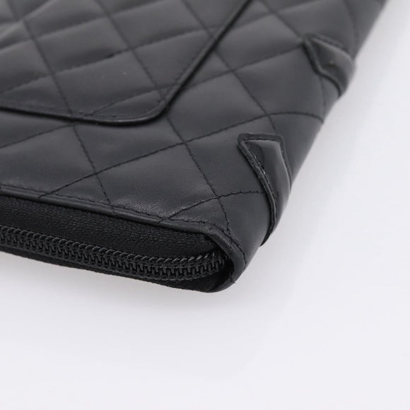 CHANEL Matelasse Cambon Line Long Wallet Leather Black Silver CC Auth BA15935A