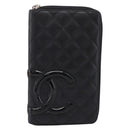 CHANEL Matelasse Cambon Line Long Wallet Leather Black Silver CC Auth BA15935A-13