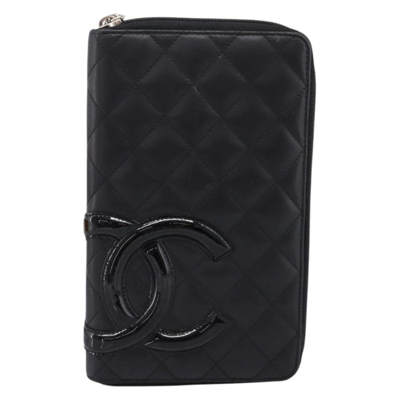 CHANEL Matelasse Cambon Line Long Wallet Leather Black Silver CC Auth BA15935A