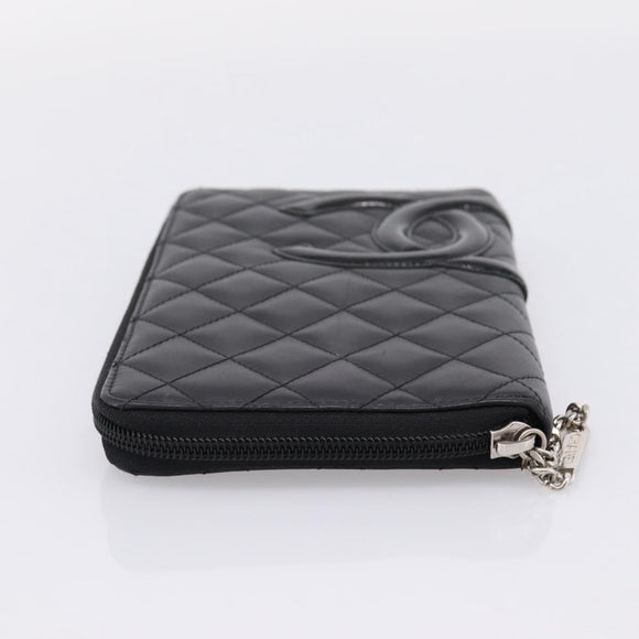 CHANEL Matelasse Cambon Line Long Wallet Leather Black Silver CC Auth BA15935A