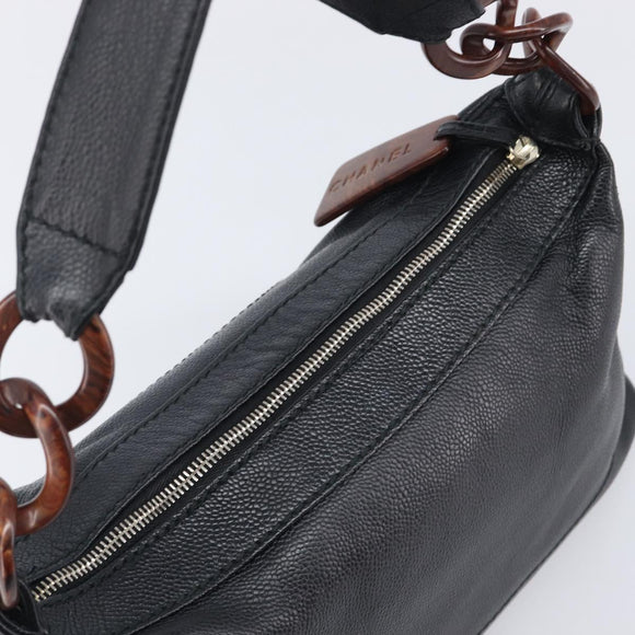 CHANEL Chain Shoulder Bag Caviar Skin Black Gold CC Auth BA15937M