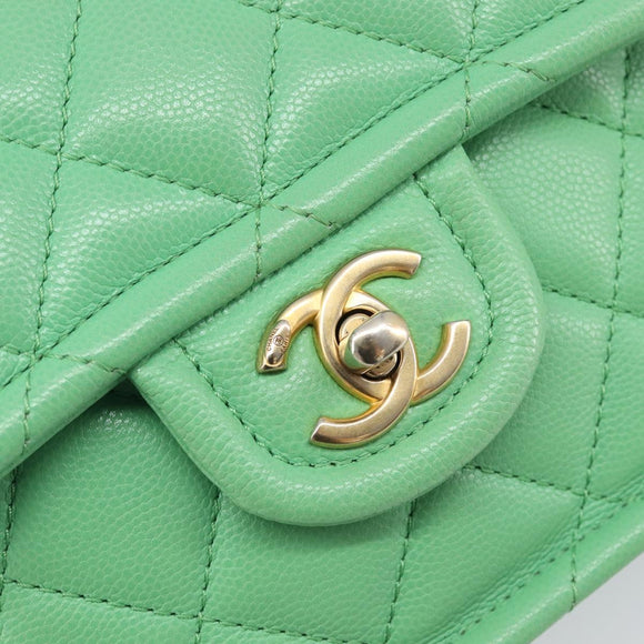CHANEL Mini Matelasse 18 Chain Bag Caviar Skin Green Gold CC Auth BA15938SAM