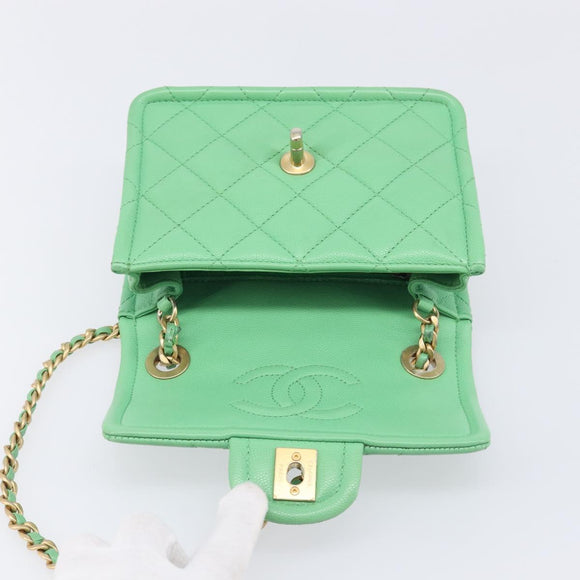 CHANEL Mini Matelasse 18 Chain Bag Caviar Skin Green Gold CC Auth BA15938SAM