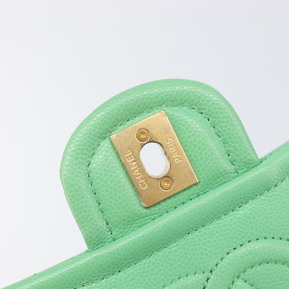 CHANEL Mini Matelasse 18 Chain Bag Caviar Skin Green Gold CC Auth BA15938SAM