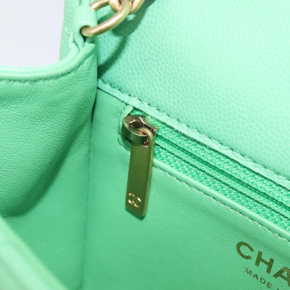 CHANEL Mini Matelasse 18 Chain Bag Caviar Skin Green Gold CC Auth BA15938SAM