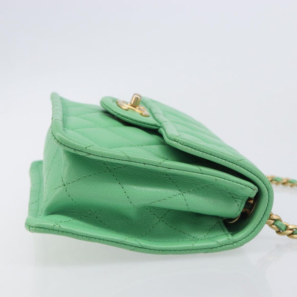 CHANEL Mini Matelasse 18 Chain Bag Caviar Skin Green Gold CC Auth BA15938SAM