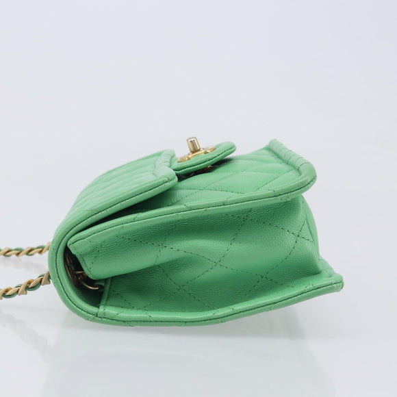 CHANEL Mini Matelasse 18 Chain Bag Caviar Skin Green Gold CC Auth BA15938SAM
