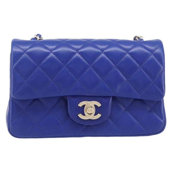 CHANEL Mini Matelasse 20 Chain Bag Lamb Skin Blue Gold CC Auth BA15939SAM