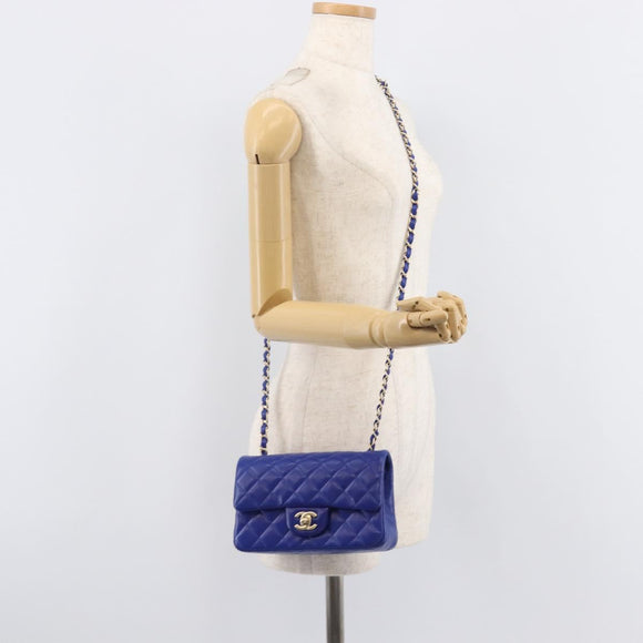 CHANEL Mini Matelasse 20 Chain Bag Lamb Skin Blue Gold CC Auth BA15939SAM