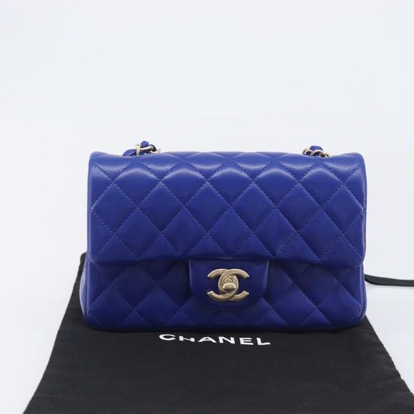 CHANEL Mini Matelasse 20 Chain Bag Lamb Skin Blue Gold CC Auth BA15939SAM