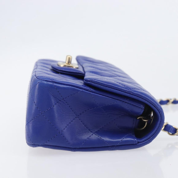 CHANEL Mini Matelasse 20 Chain Bag Lamb Skin Blue Gold CC Auth BA15939SAM