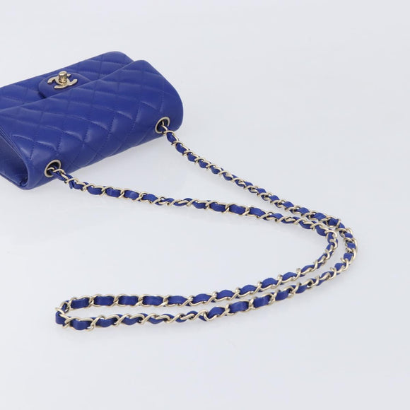 CHANEL Mini Matelasse 20 Chain Bag Lamb Skin Blue Gold CC Auth BA15939SAM