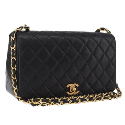 CHANEL Matelasse Chain Shoulder Bag Lamb Skin Black Gold CC Auth BA15942M