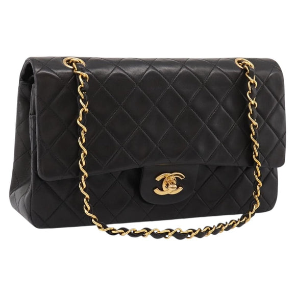 CHANEL Matelasse 25 Chain Shoulder Bag Lamb Skin Black Gold CC Auth BA15943SAM
