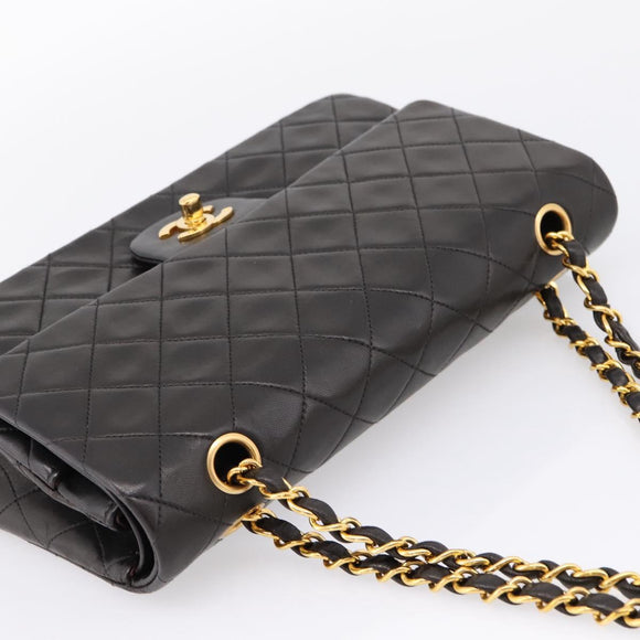 CHANEL Matelasse 25 Chain Shoulder Bag Lamb Skin Black Gold CC Auth BA15943SAM