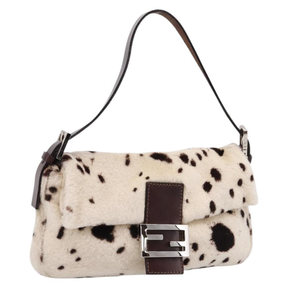 FENDI Mamma Baguette Shoulder Bag Fur Ivory Silver Auth BA15946SAM