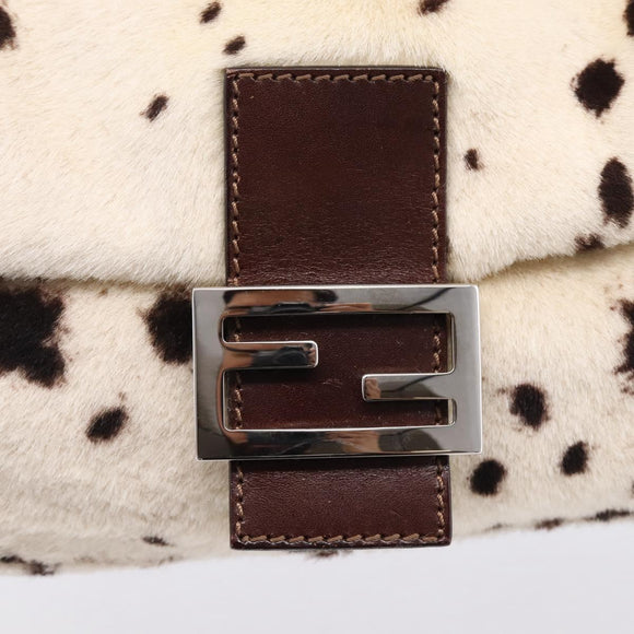 FENDI Mamma Baguette Shoulder Bag Fur Ivory Silver Auth BA15946SAM