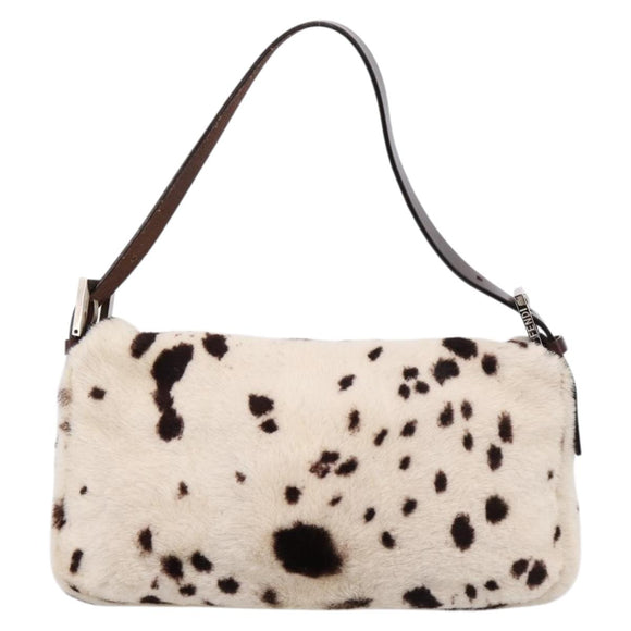 FENDI Mamma Baguette Shoulder Bag Fur Ivory Silver Auth BA15946SAM
