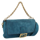 FENDI Chain Mamma Baguette Shoulder Bag Suede 2way Blue Gold Auth BA15949V-1