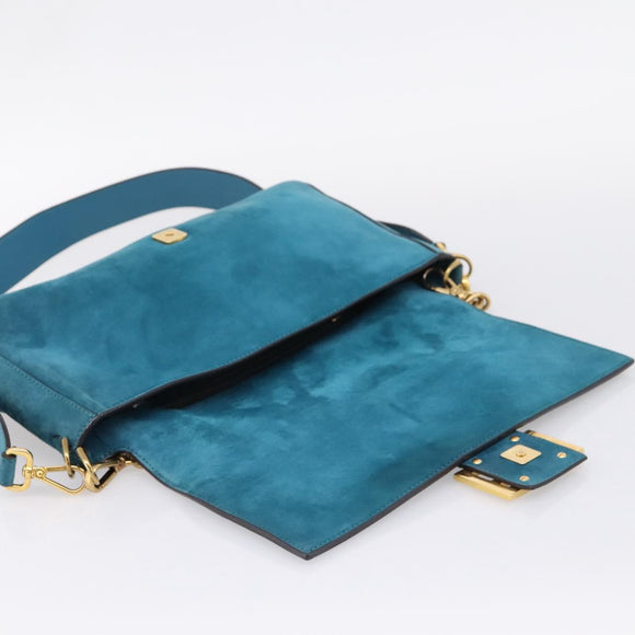 FENDI Chain Mamma Baguette Shoulder Bag Suede 2way Blue Gold Auth BA15949V