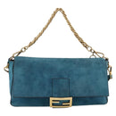 FENDI Chain Mamma Baguette Shoulder Bag Suede 2way Blue Gold Auth BA15949V-2