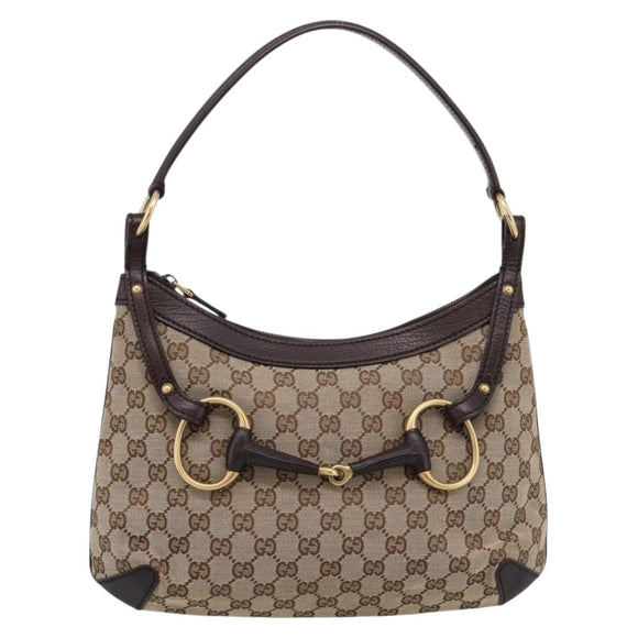 GUCCI GG Canvas Horsebit Shoulder Bag Beige Gold 114890 Auth BA15957V