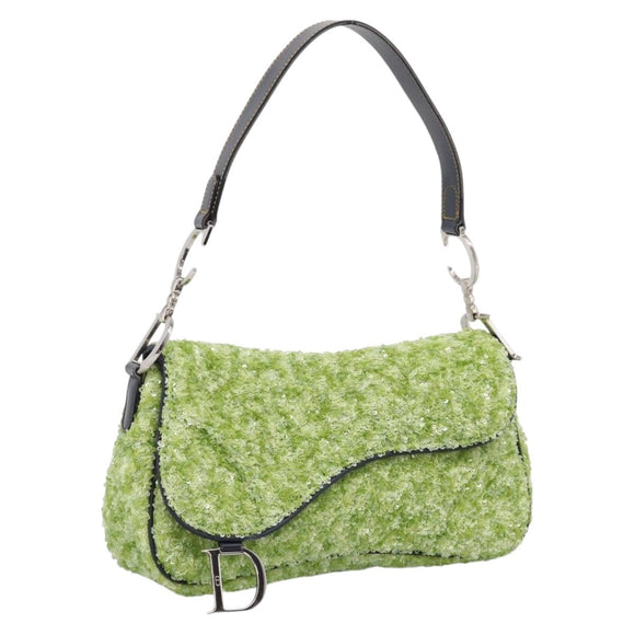 Christian Dior Saddle Shoulder Bag Leather sequins Green Silver Auth BA15966SM