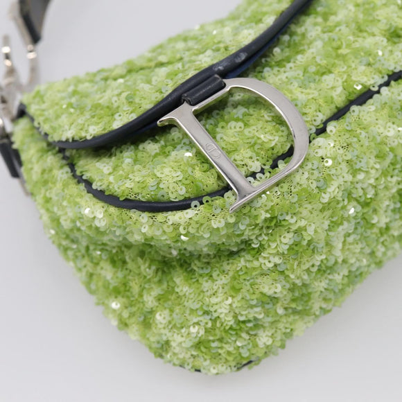 Christian Dior Saddle Shoulder Bag Leather sequins Green Silver Auth BA15966SM