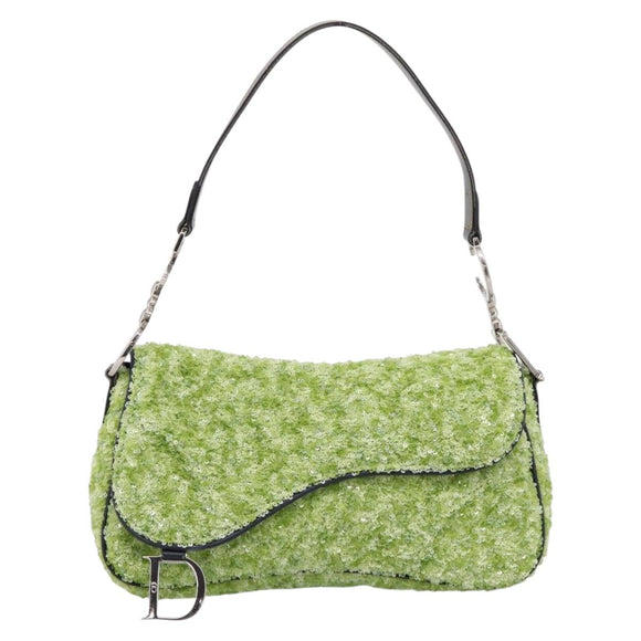Christian Dior Saddle Shoulder Bag Leather sequins Green Silver Auth BA15966SM