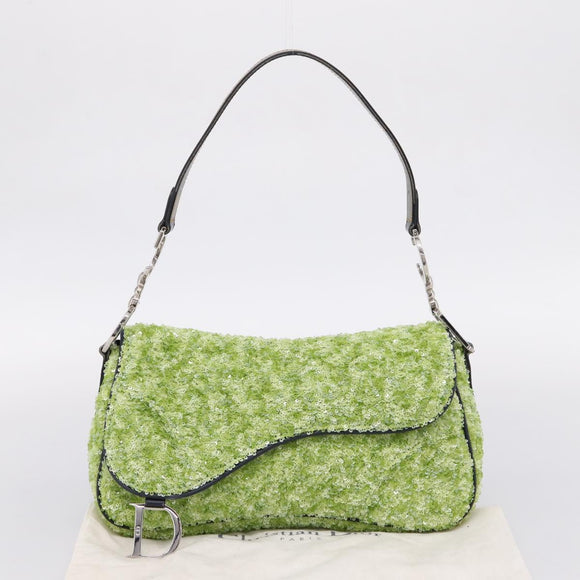 Christian Dior Saddle Shoulder Bag Leather sequins Green Silver Auth BA15966SM
