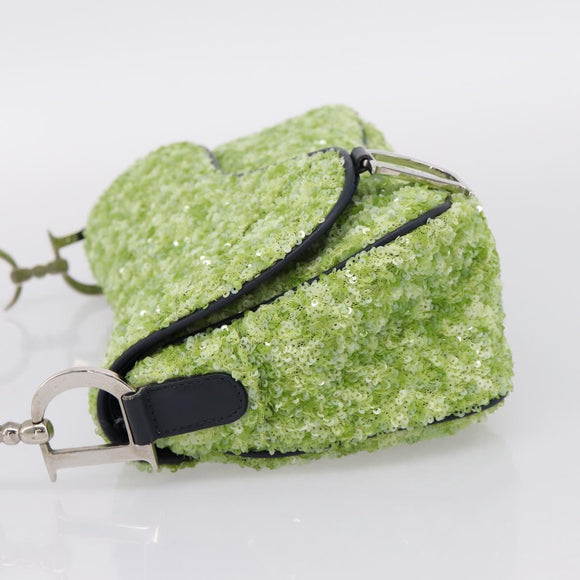 Christian Dior Saddle Shoulder Bag Leather sequins Green Silver Auth BA15966SM