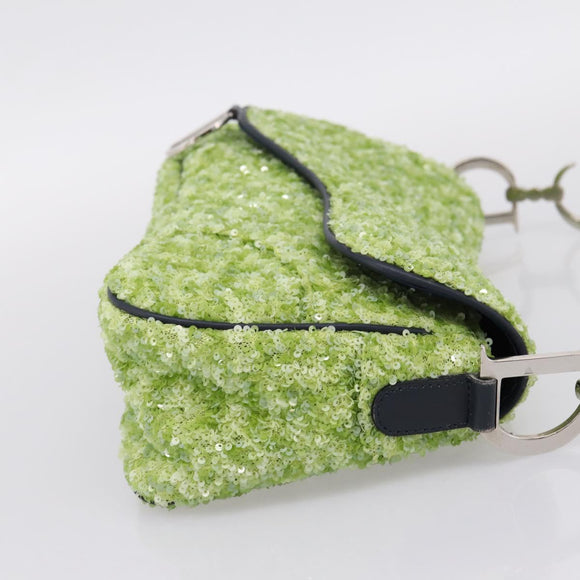 Christian Dior Saddle Shoulder Bag Leather sequins Green Silver Auth BA15966SM