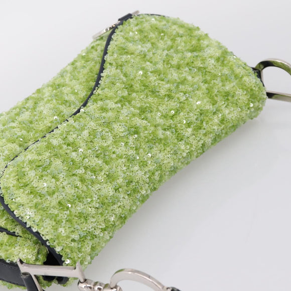 Christian Dior Saddle Shoulder Bag Leather sequins Green Silver Auth BA15966SM