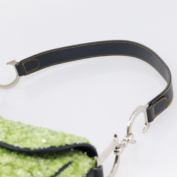 Christian Dior Saddle Shoulder Bag Leather sequins Green Silver Auth BA15966SM