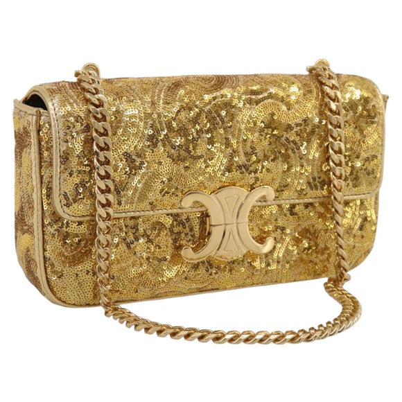 CELINE Sequin Chain Shoulder Bag Leather Gold Auth BA15971SM