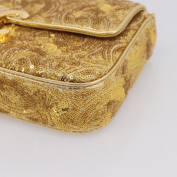 CELINE Sequin Chain Shoulder Bag Leather Gold Auth BA15971SM