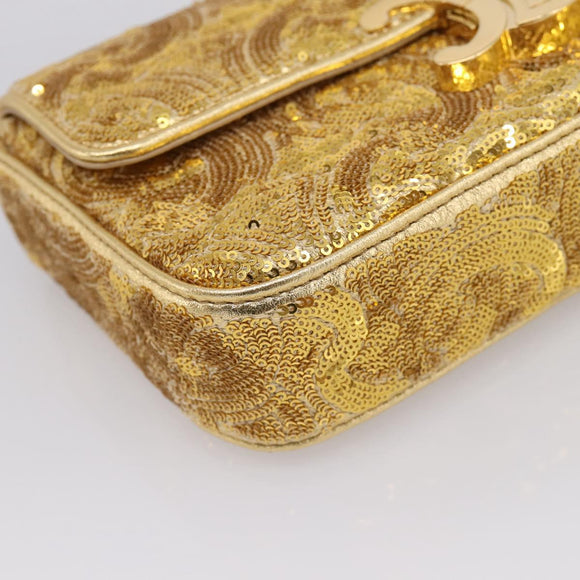 CELINE Sequin Chain Shoulder Bag Leather Gold Auth BA15971SM