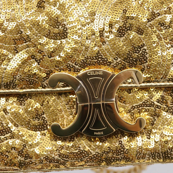 CELINE Sequin Chain Shoulder Bag Leather Gold Auth BA15971SM