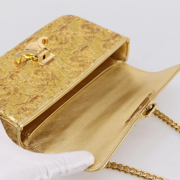 CELINE Sequin Chain Shoulder Bag Leather Gold Auth BA15971SM