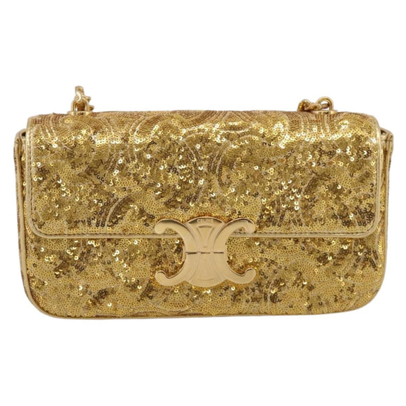 CELINE Sequin Chain Shoulder Bag Leather Gold Auth BA15971SM