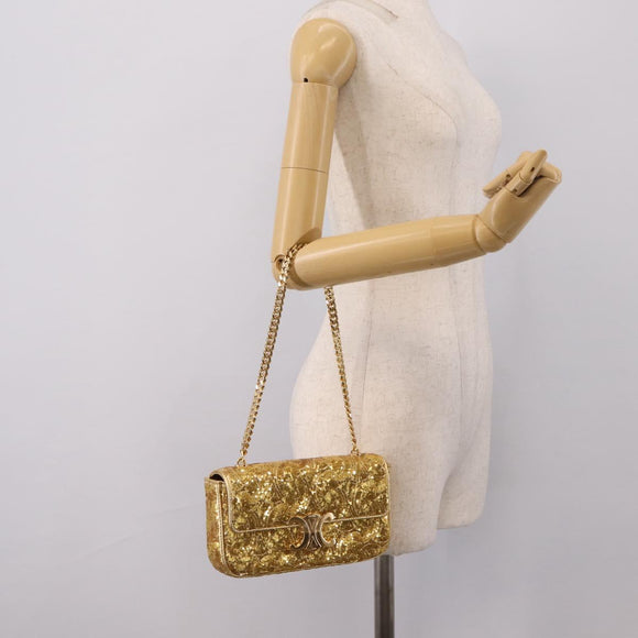 CELINE Sequin Chain Shoulder Bag Leather Gold Auth BA15971SM